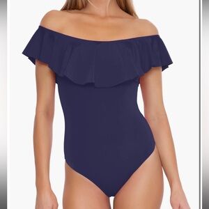 Trina Turk Monaco off the shoulder one piece ruffle swimsuit